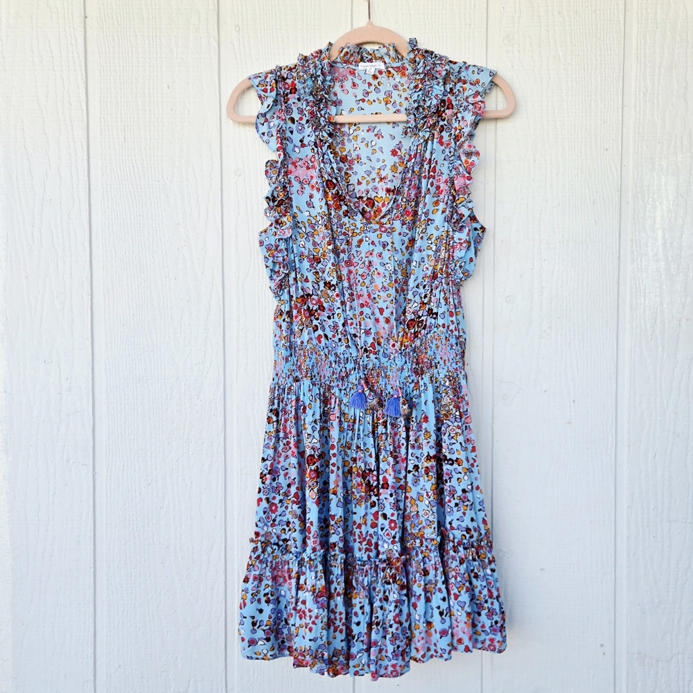 Poupette St Barth Triny Slinky Ruffled Mini Dress Tassels Keyhole Blue Medium